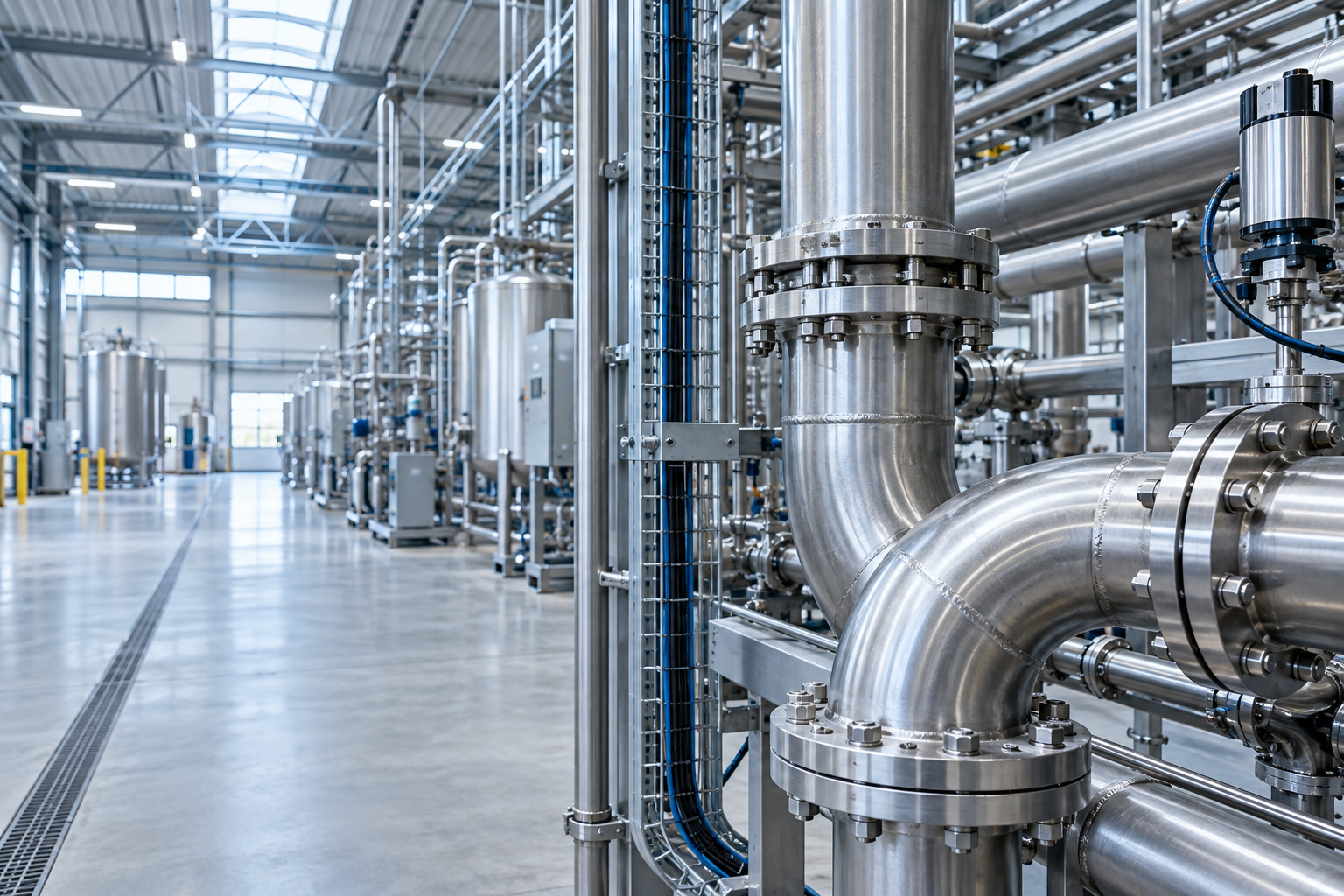 Imagen ilustrativa de tuberías de acero inoxidable e instalaciones eléctricas en una nave industrial
